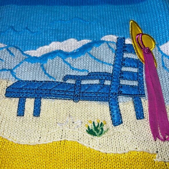 Vintage Beach Scene Knit Sweater Blue Summer Embroidered novelty Tunic Top Sz S - Picture 6 of 9